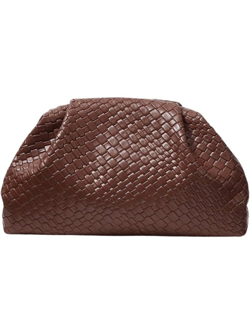 Women's Brown Straw Woven Faux Pearl Ruched Dumpling Clutch Evening Bag Purse